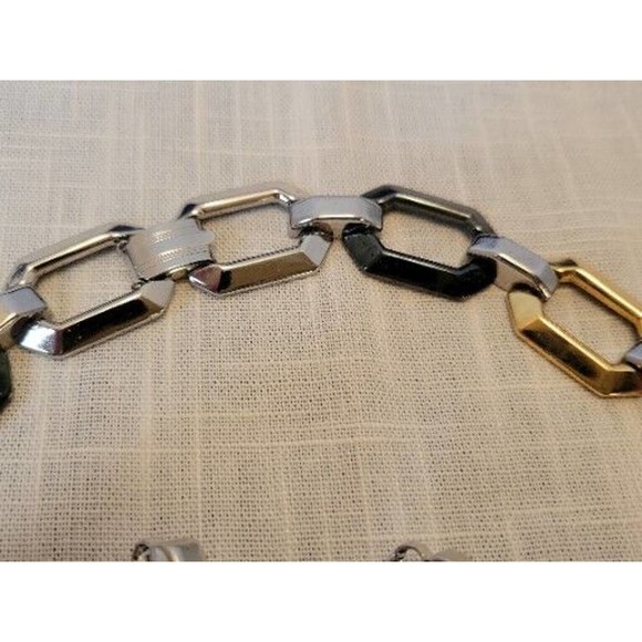 Retro Necklace Set Chunky Brutalist Chain Choker Bracelet Earring Tri Tone - Picture 2 of 12